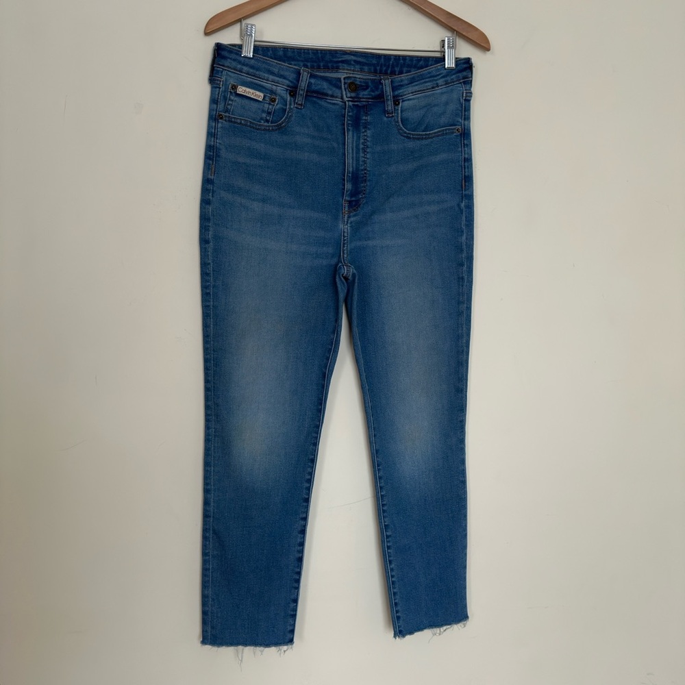 Calvin Klein original high rise stretch skinny blue jeans size raw hem 31w